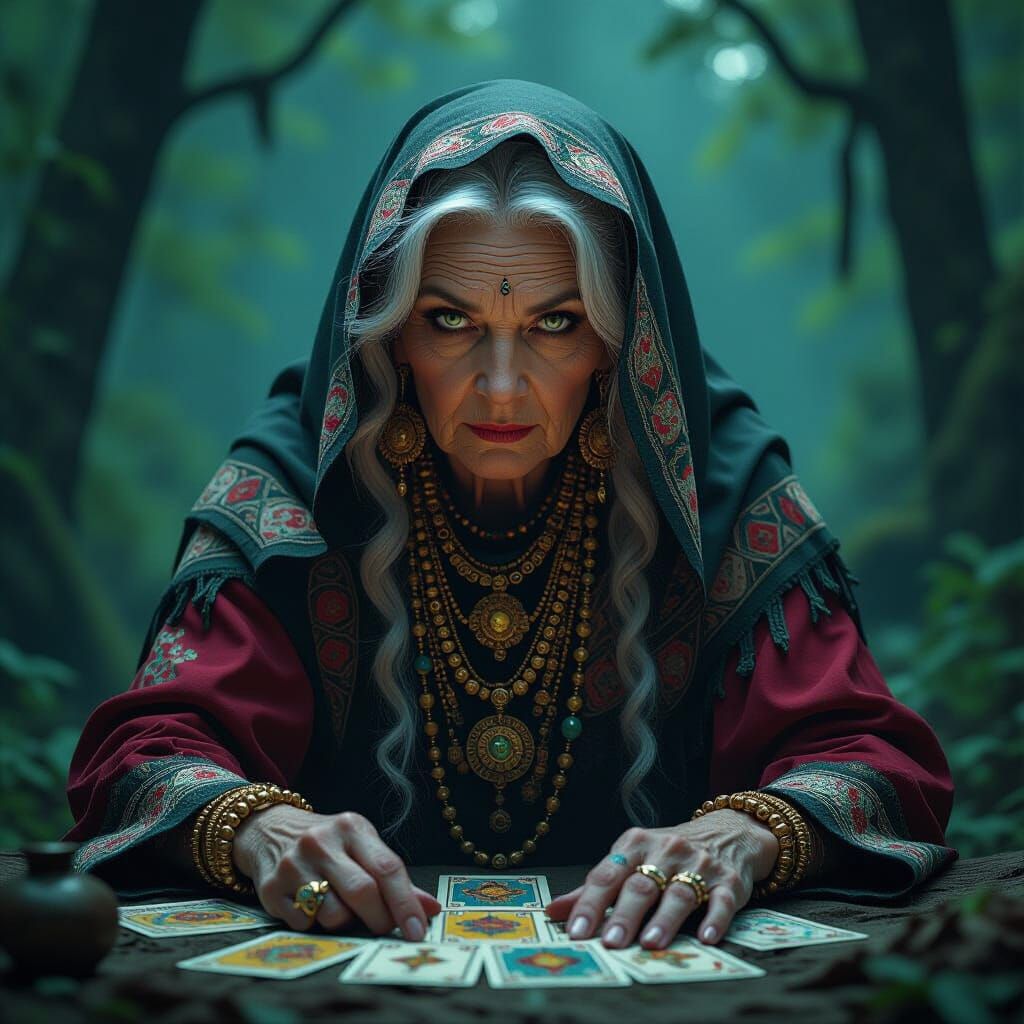 Mystical Russian Hag Fortune Teller in Forest, Detailed Port...