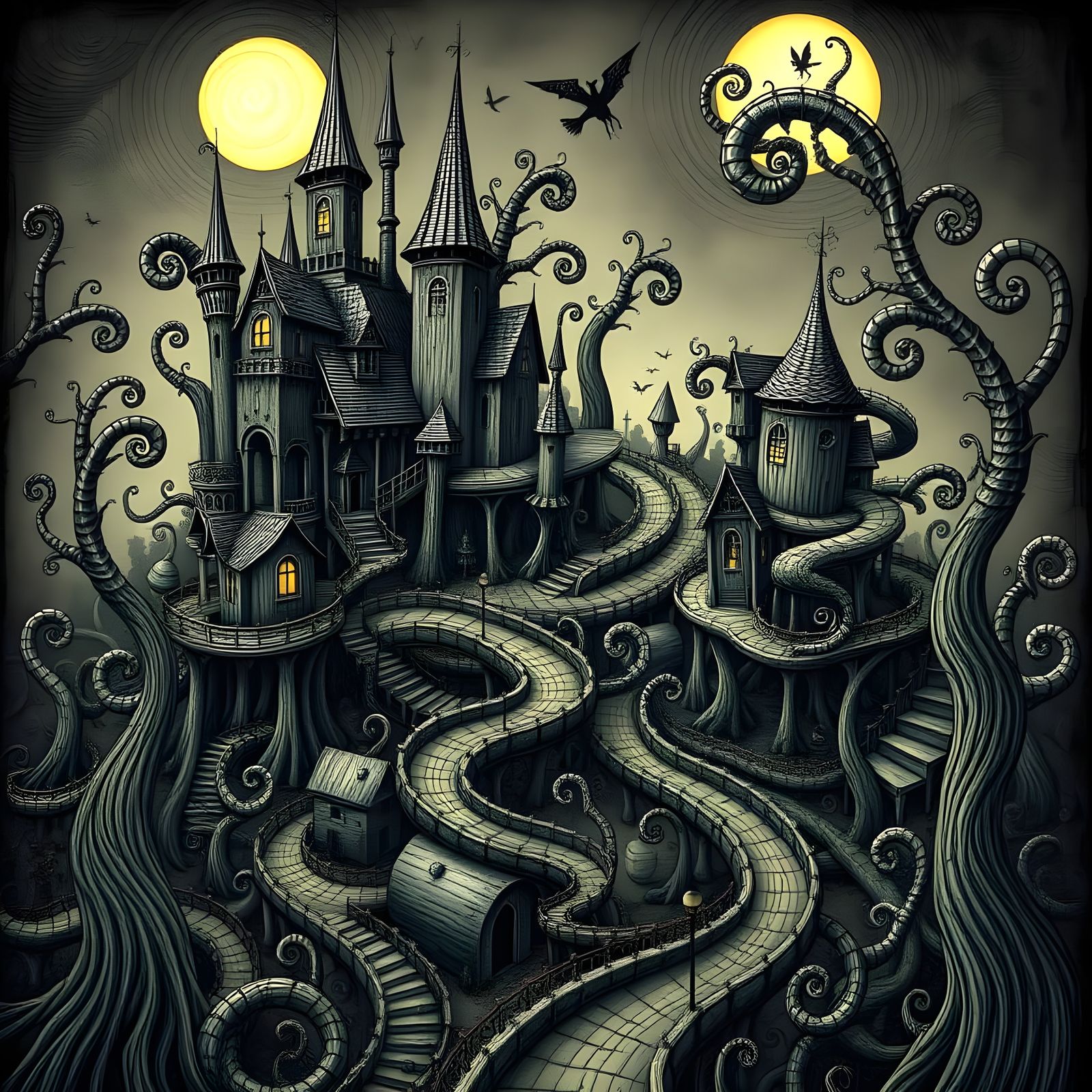 Gothic Spiral Village in Tim Burton Style