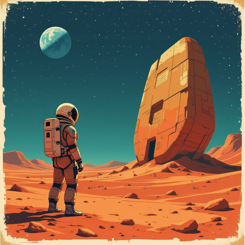 Astronaut on Mars Gazing at Alien Artifact in Retro Sci-Fi C...