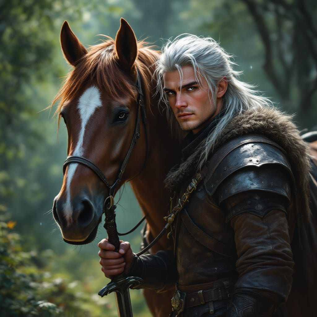 Young Geralt and Roach in Magical Realism Style