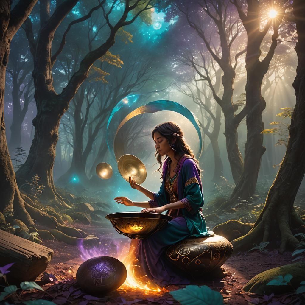 Mystical Musician in Ancient Forest Concept Art