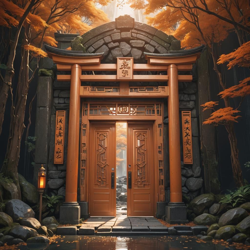 Elaborate Golden Portal with Torii in Art Deco Style