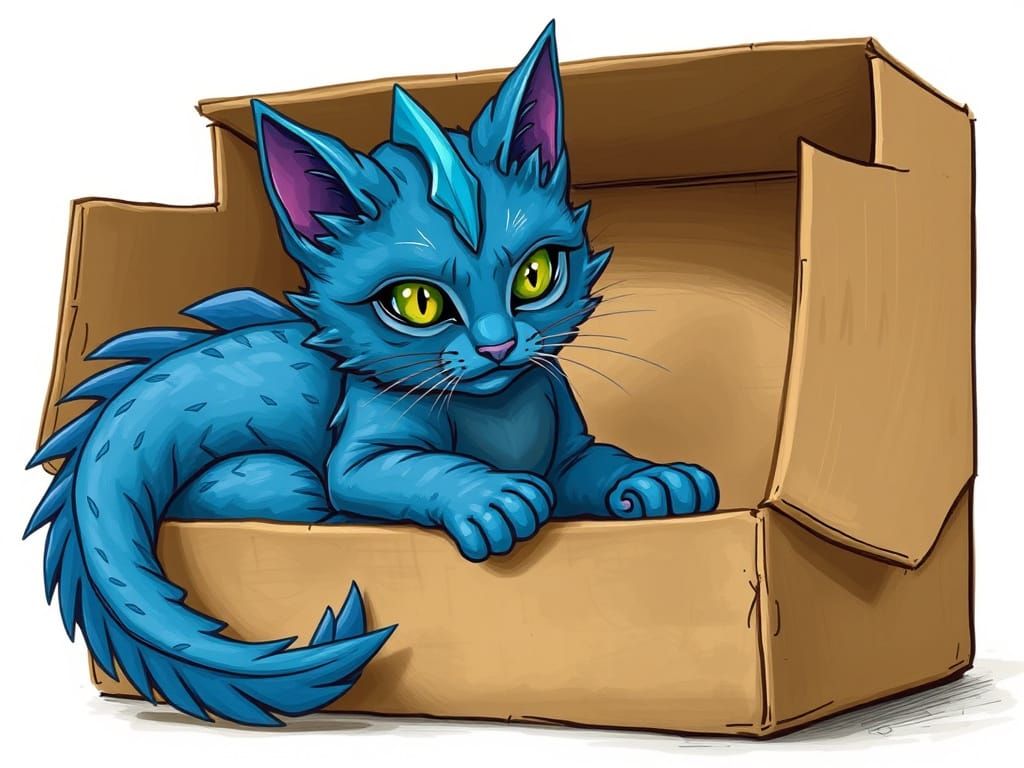 Blue Dragon Cat in Cardboard Box