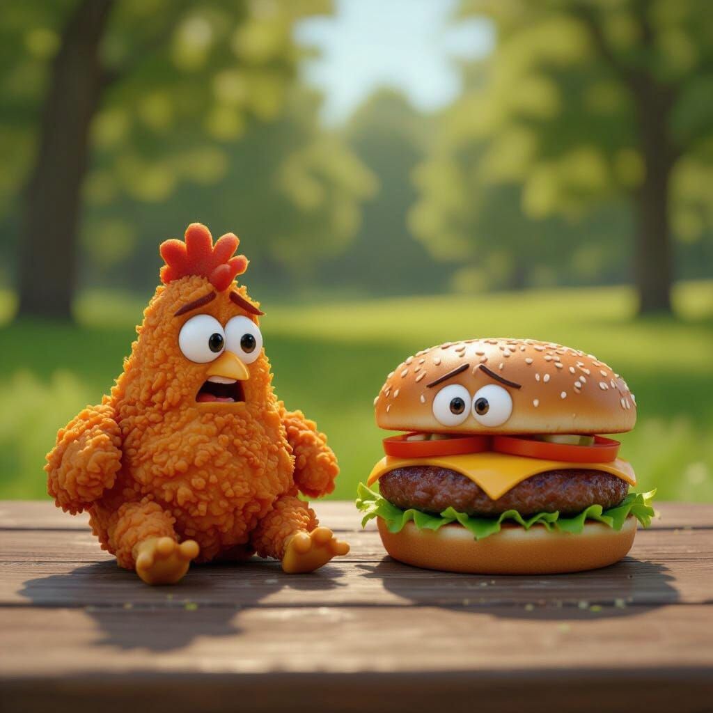 Anxious Fried Chicken and Burger in Pixar Style