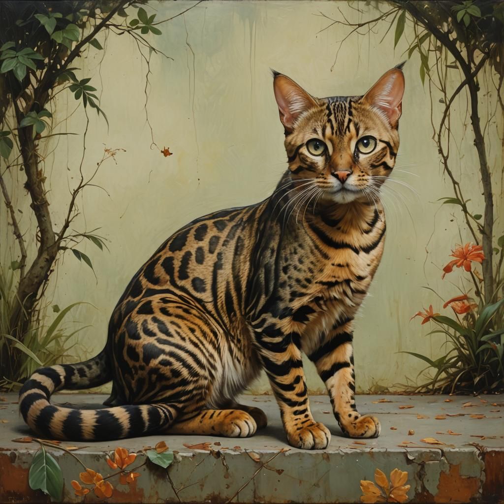 Bengal Cat Portrait in Oil Painting Style