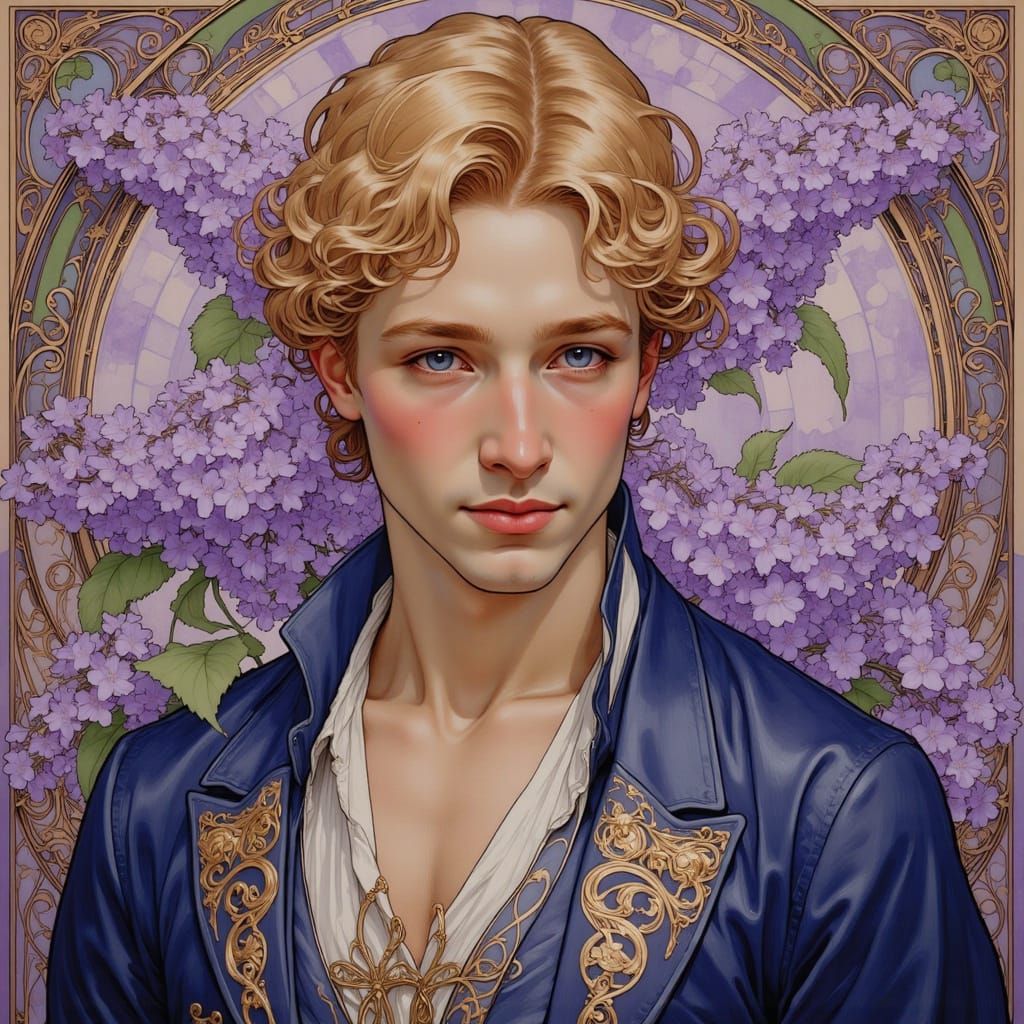 Art Nouveau Man with Lilacs, Mucha Style