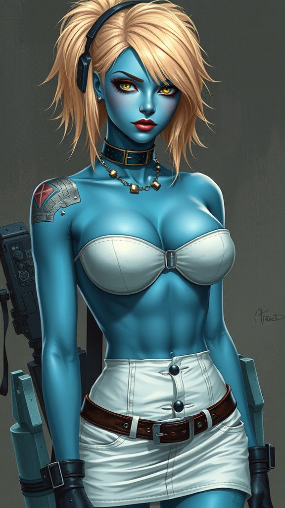 Blue-Skinned Punk Woman in Realistic Style