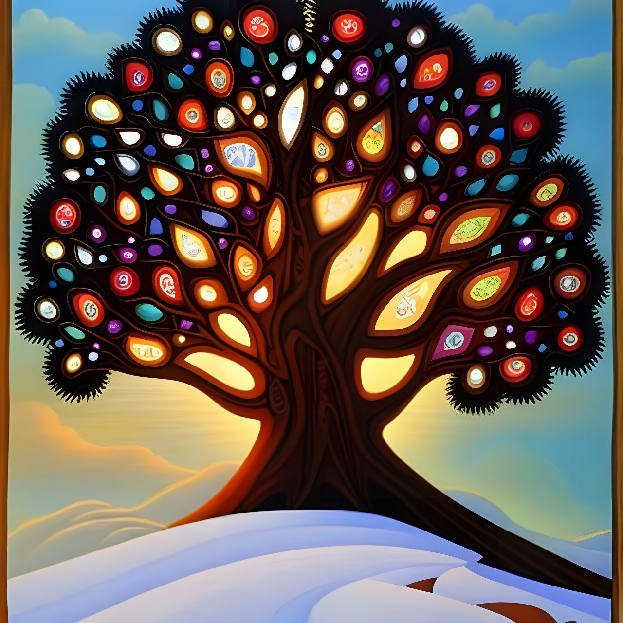 Glistening Jewel-Encrusted Tree in Golden Light