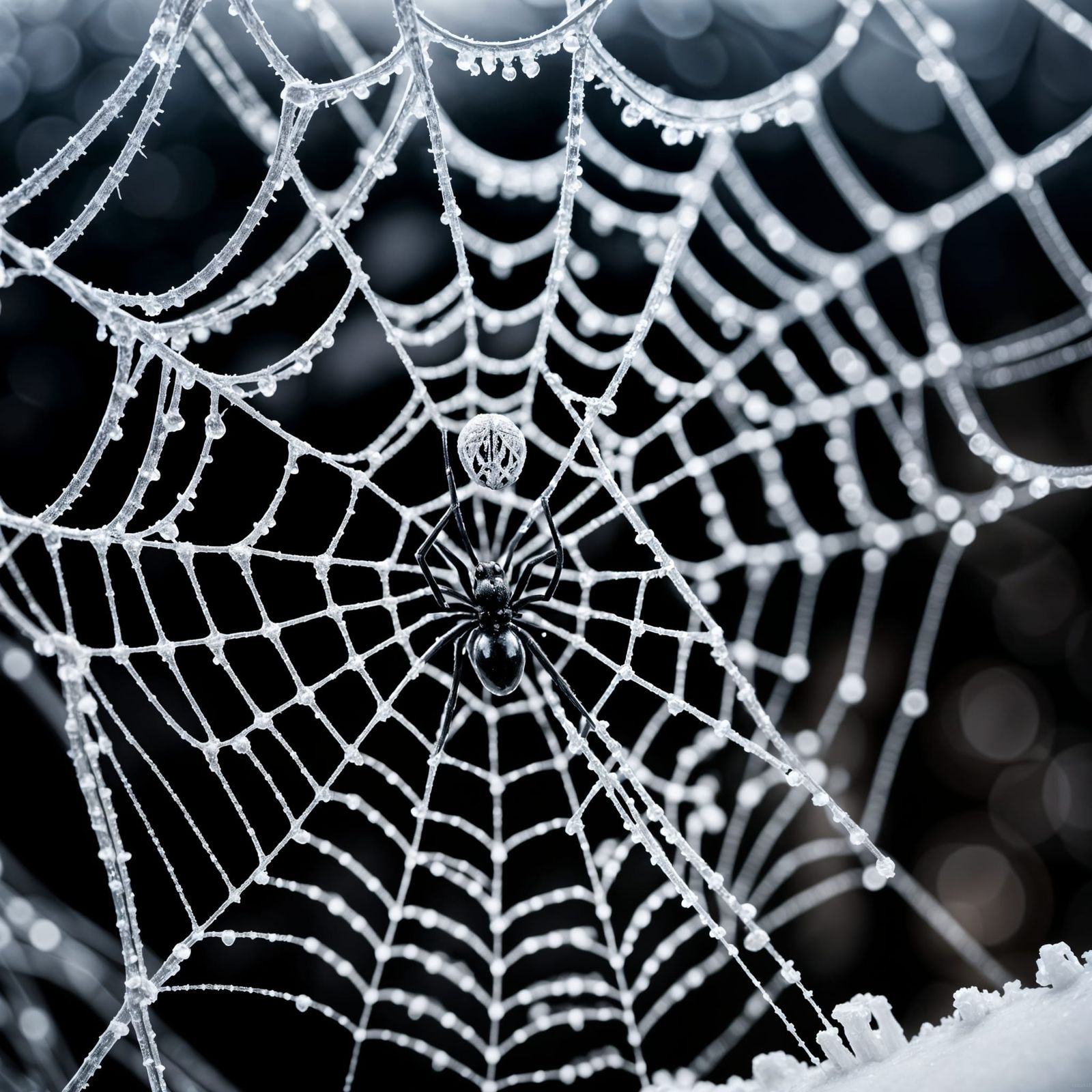 Icy Black Widow in Detailed Spiderweb