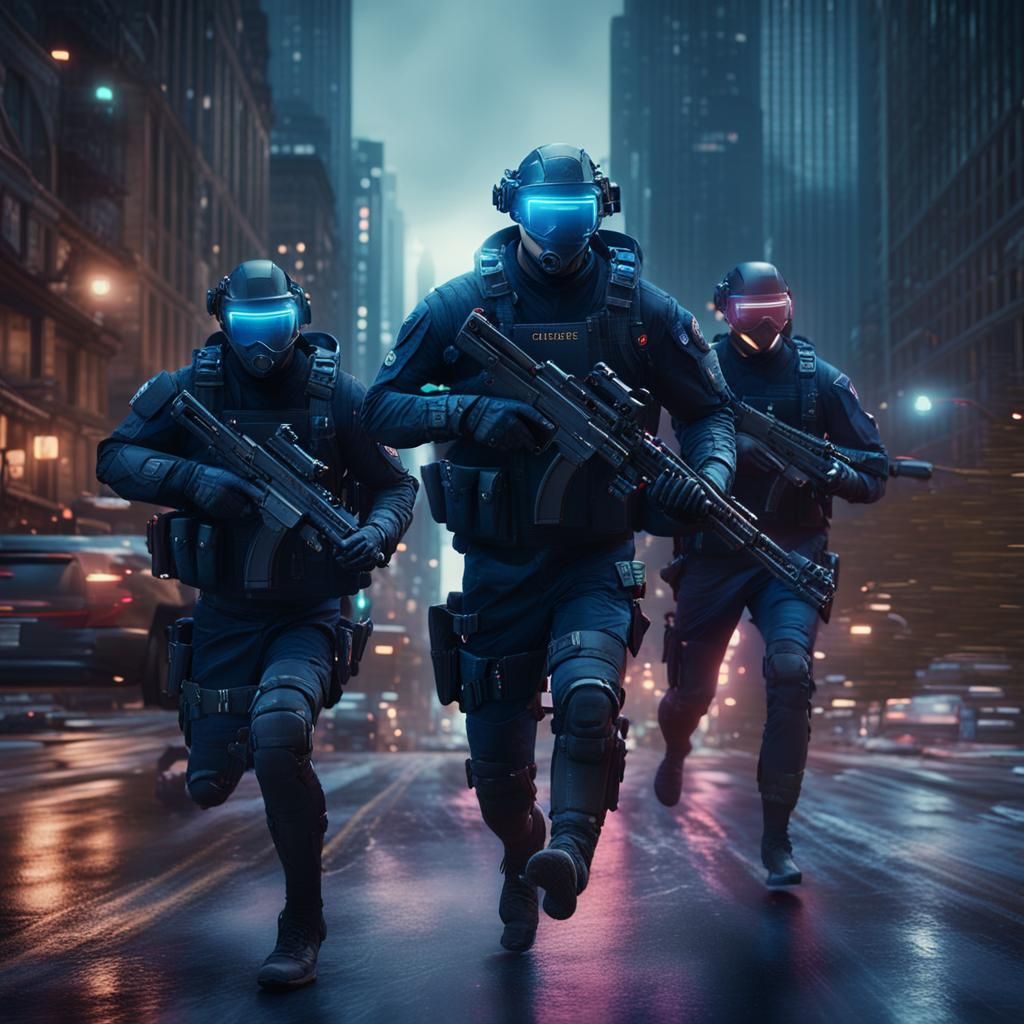 Cyberpolicemen Chase in Chicago Downtown, Cyberpunk Art