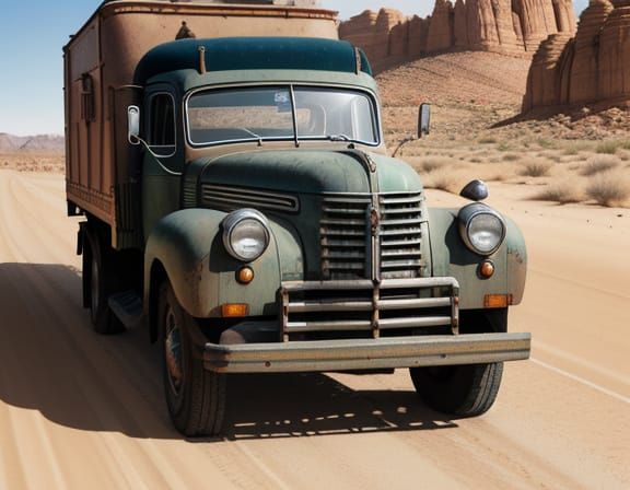 Detailed Vintage Semi-Truck on Desert Road