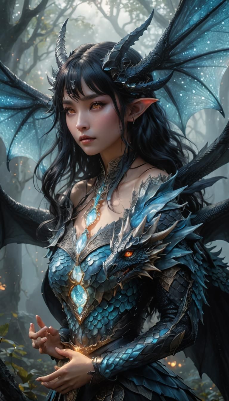 Dragon Girl with Black Scales and Iridescent Wings