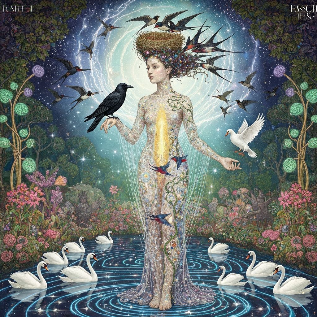 Ethereal Woman Dissolves into Iridescent Birds Amidst Cosmic...
