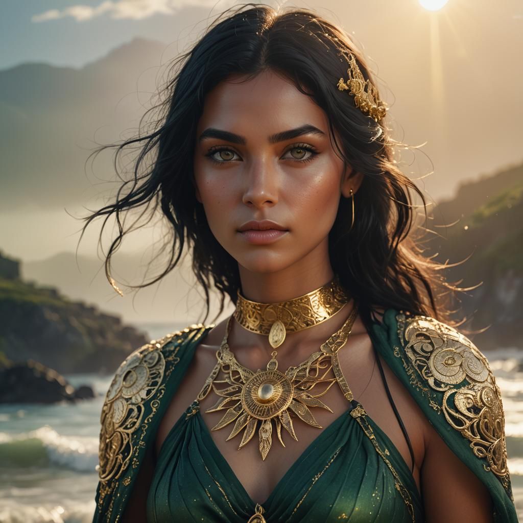 Goddess-like Woman with Dark Green Eyes in Digital Art