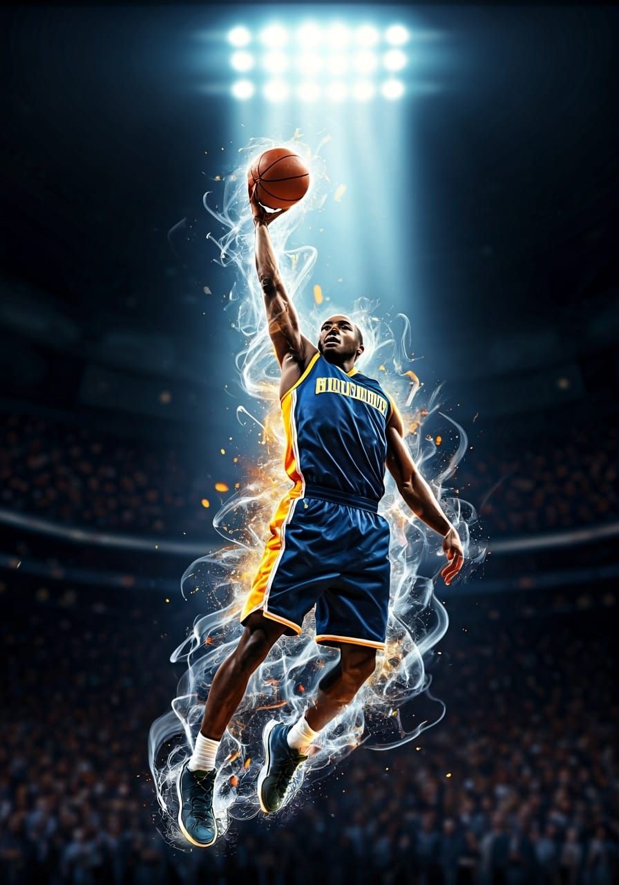 Basketball Player Slam Dunk with Cinematic Lighting