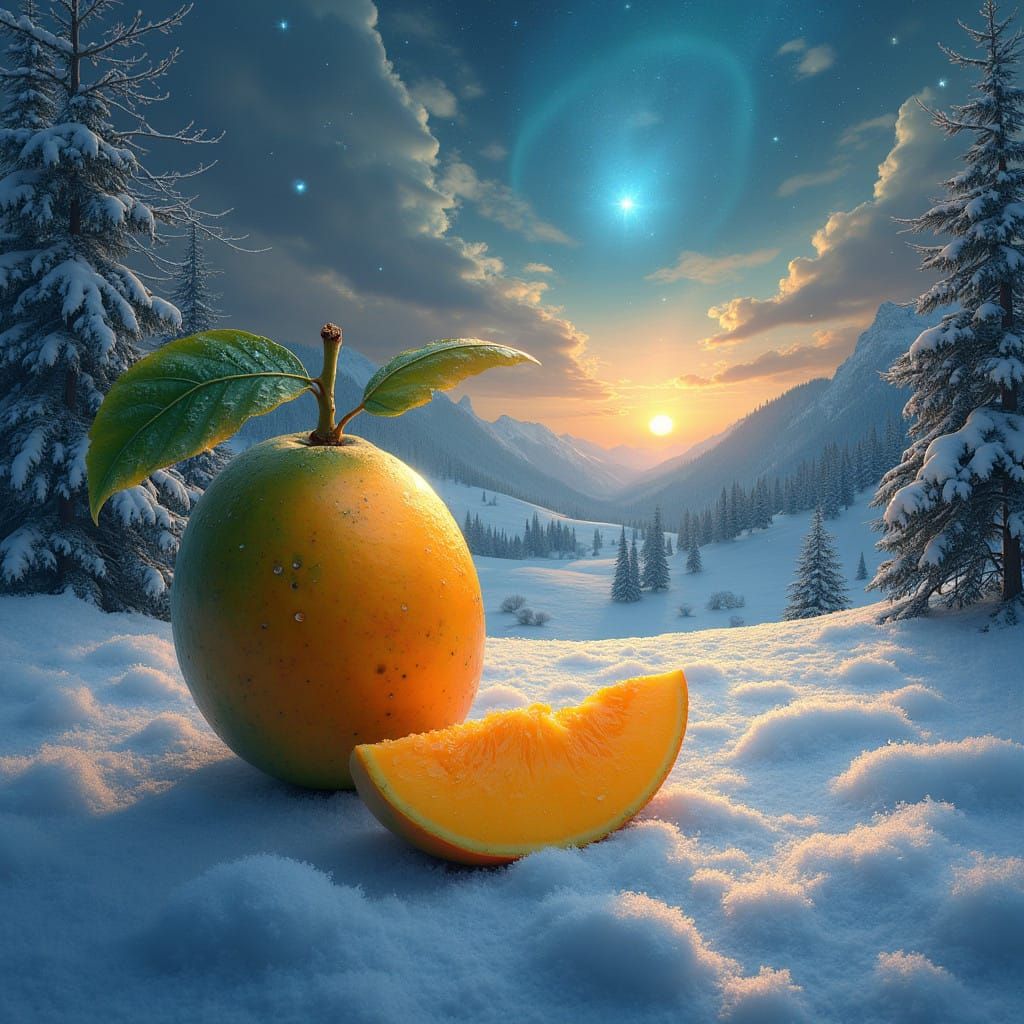 Hyperrealistic Mango Amid Winter Wonderland in Surreal Cyber...