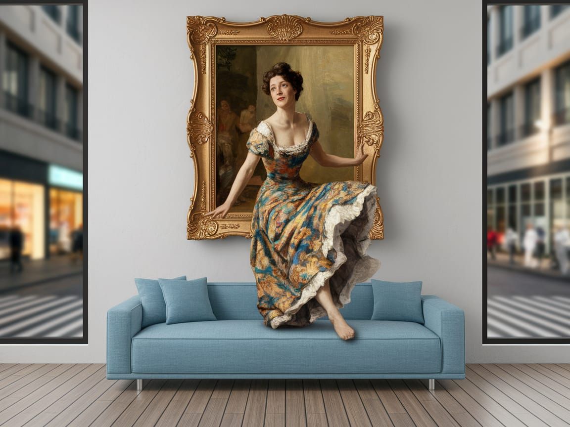A woman, in the style of Renoir, gracefully stepping out of a gilded, ornate painting frame into a stark, cozy living ro...