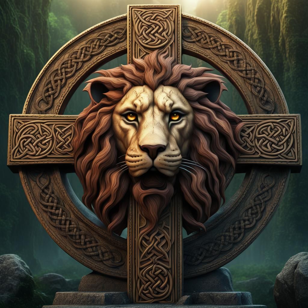 Celtic Cross with Lion Head in Detailed Painting