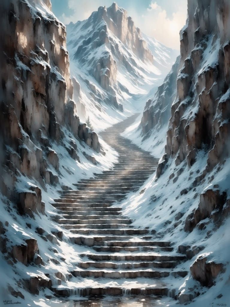 Impasto Winter Landscape with Rocky Stairs and Blurred Mount...