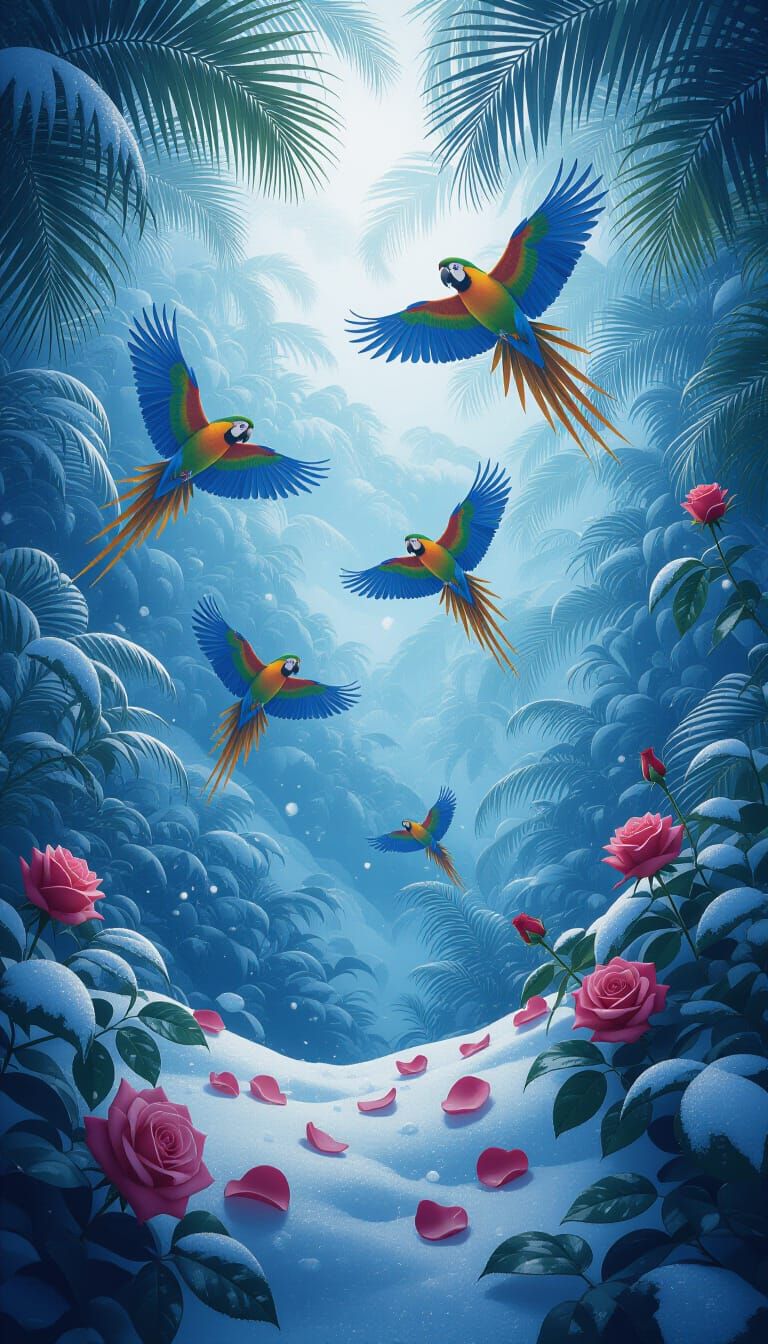 Surreal Snowfall in Tropical Rainforest with Parrots