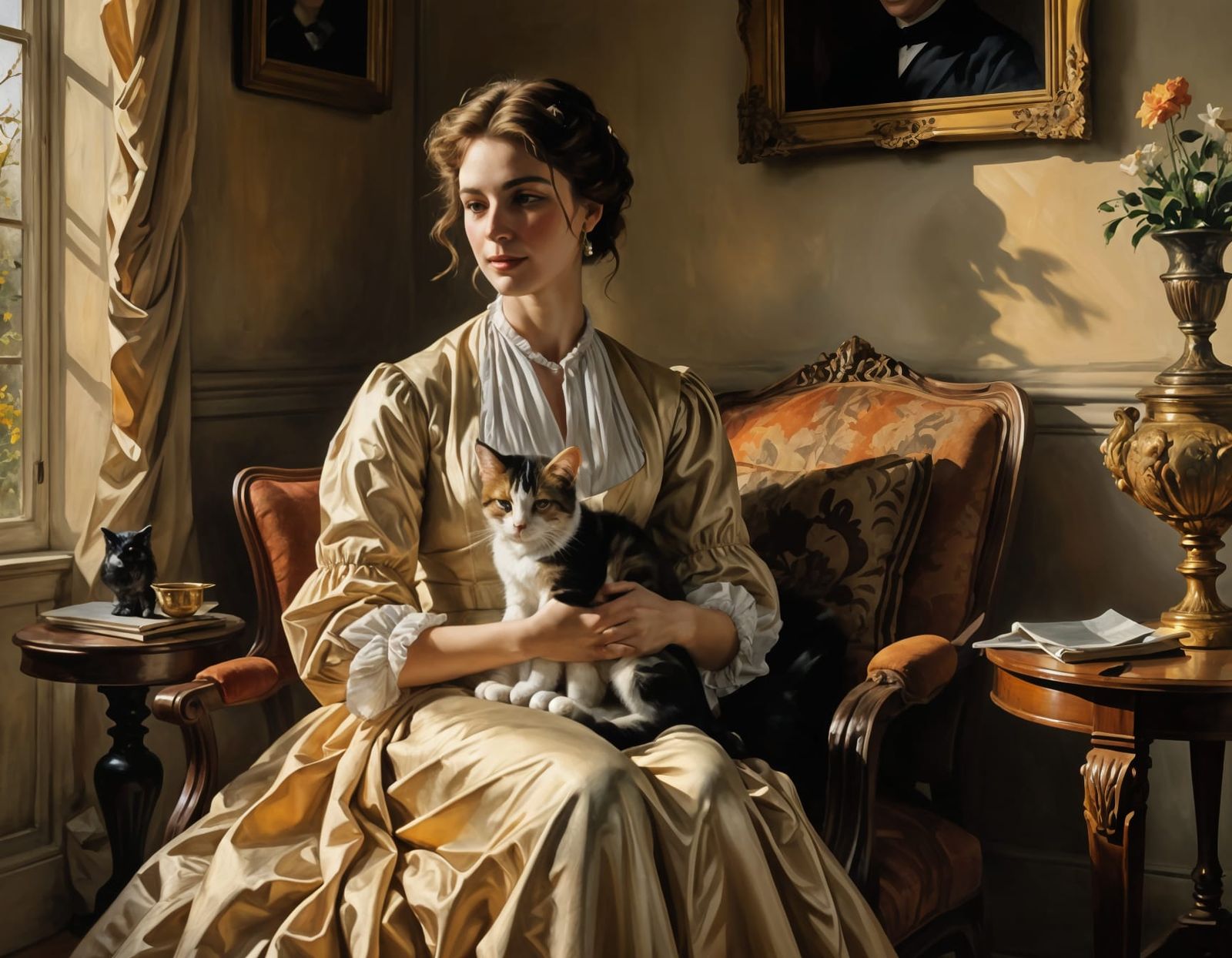 A Serene Woman with a Feline Companion, in a Whimsical Oil P...