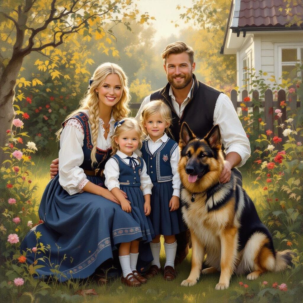 Nordic Family Poses in Garden Oil Painting