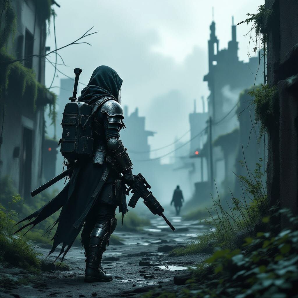 Lone Soldier Girl in Overgrown Post-Apocalyptic Cityscape