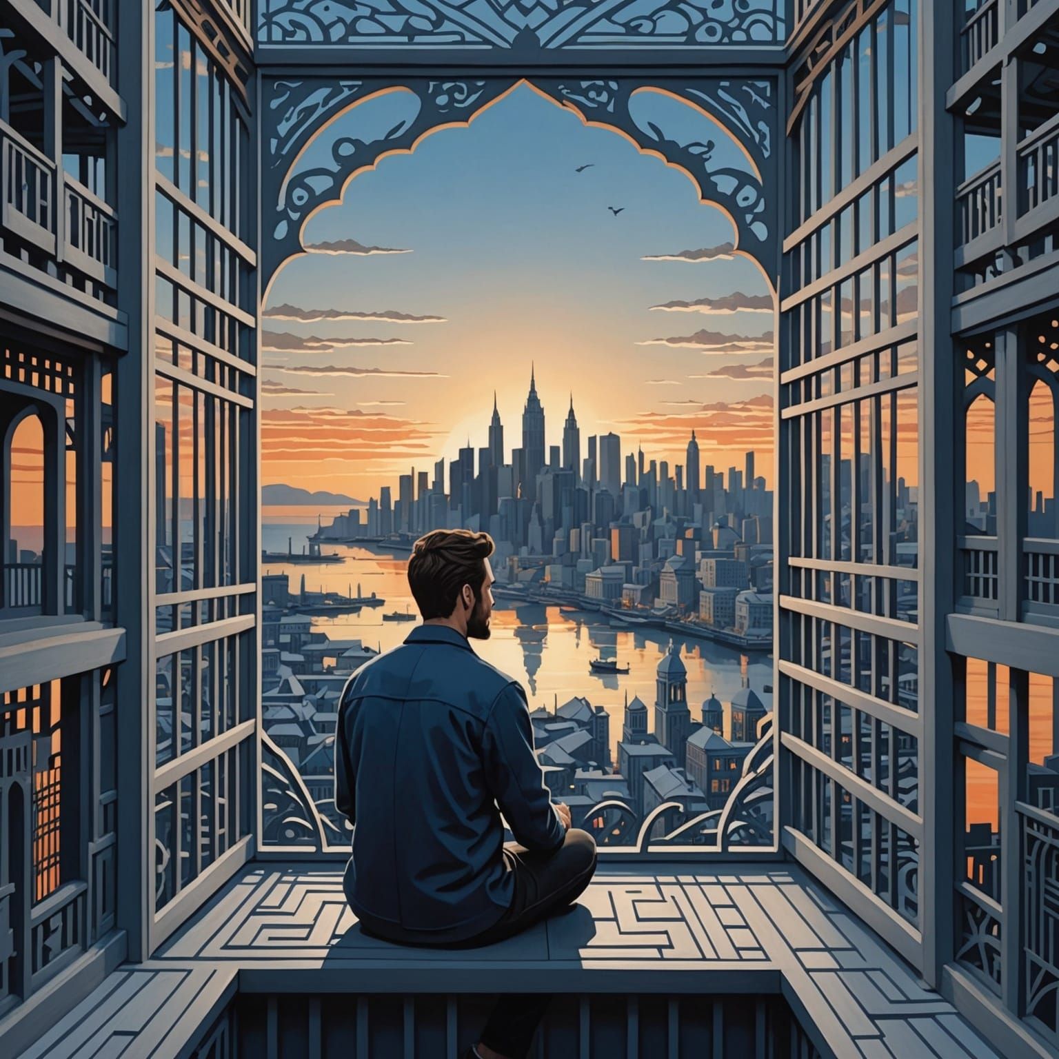 Sunset Cage: Paper Cut Art Cityscape