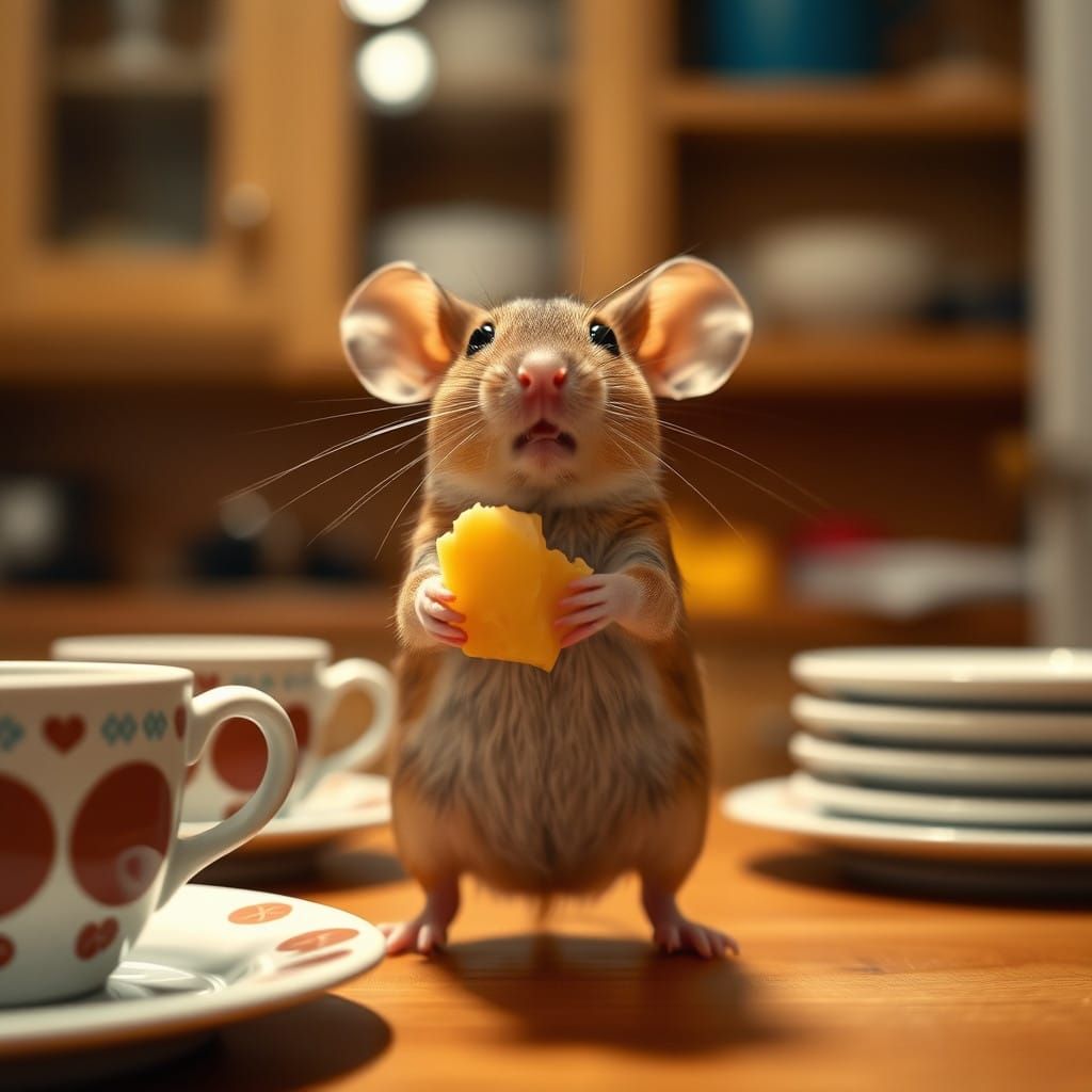 Mouse Surprised by Cheese in Kitchen Chaos