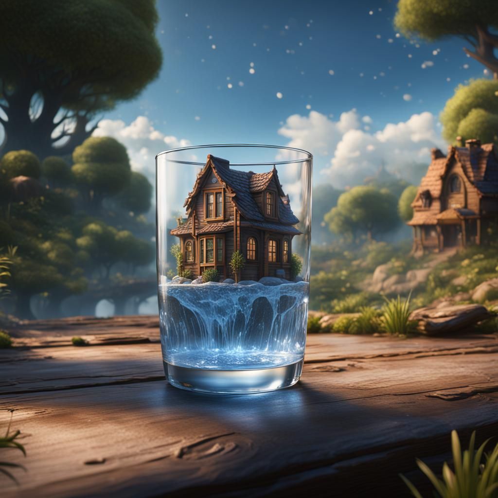 House Inside Glass of Water: Detailed Matte Painting