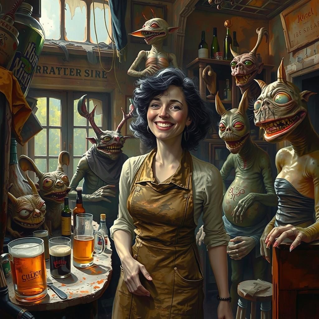 Jovial Woman with Bizarre Creatures in Squalid Pub
