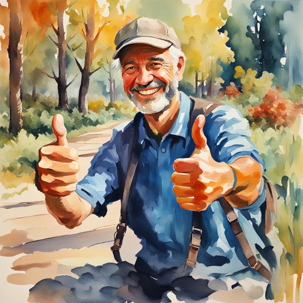 Man Smiling and Thumbs Up in Gouache Style