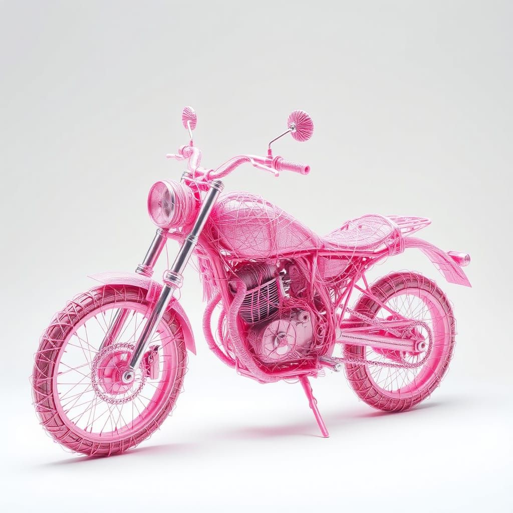 Surreal Pink String Motorcycle Fantasy in Minimalist Style