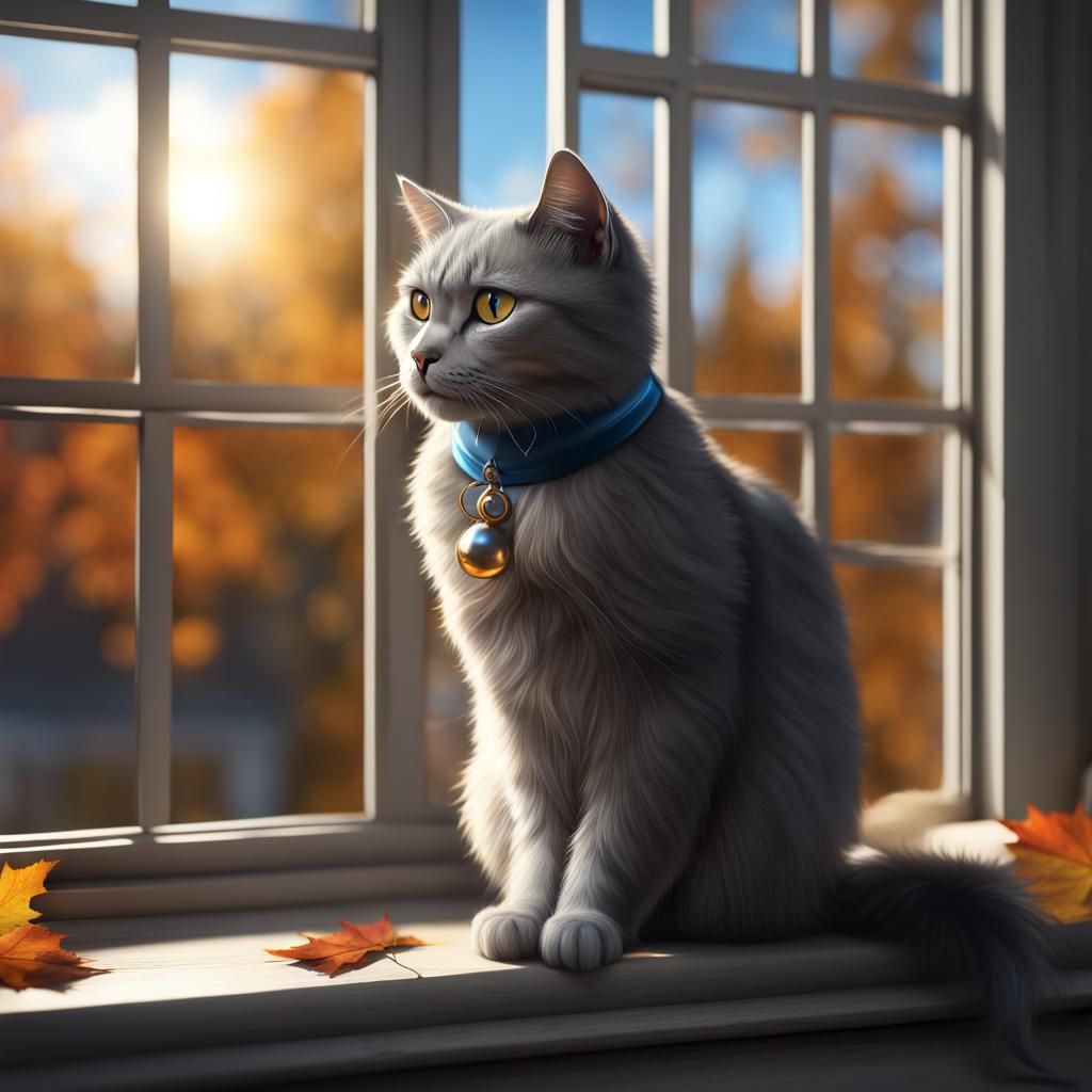 Grey Cat Enjoying Autumn Sunlight, Detailed Matte Painting