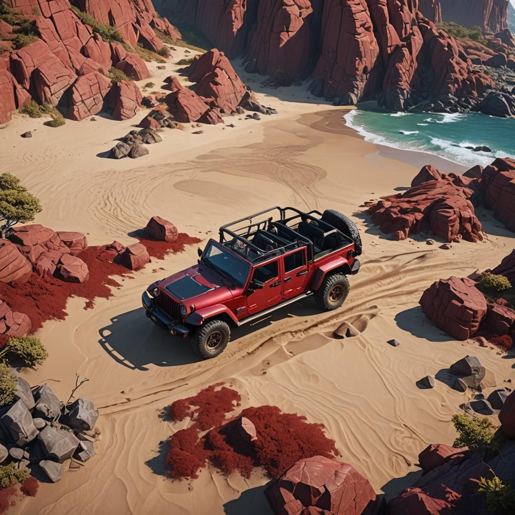 Cherry Jeep on Sandy Beach: Fantasy Concept Art