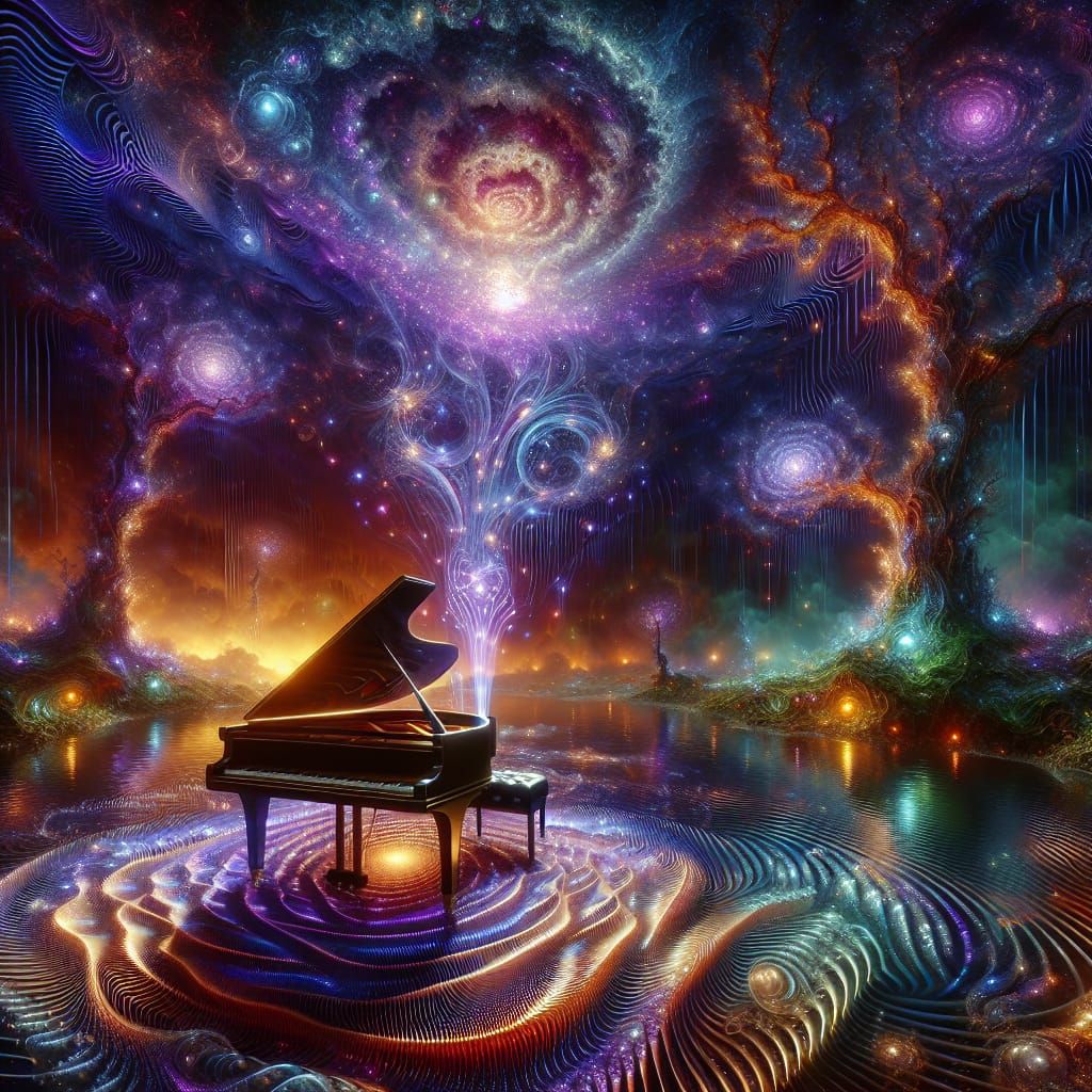 Surreal Landscape with Piano in a Mystical Aura, in Vibrant....