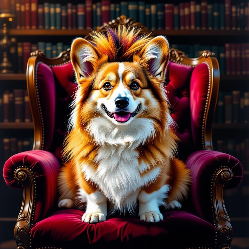 Regal Corgi in Lion's Mane on Velvet Cushion