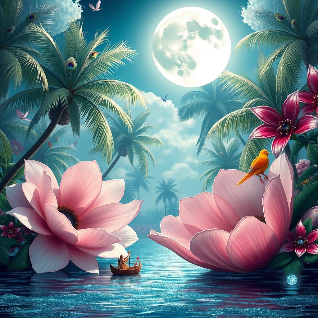 Surreal Tropical Paradise with Jewel Flowers and Feather Tre...