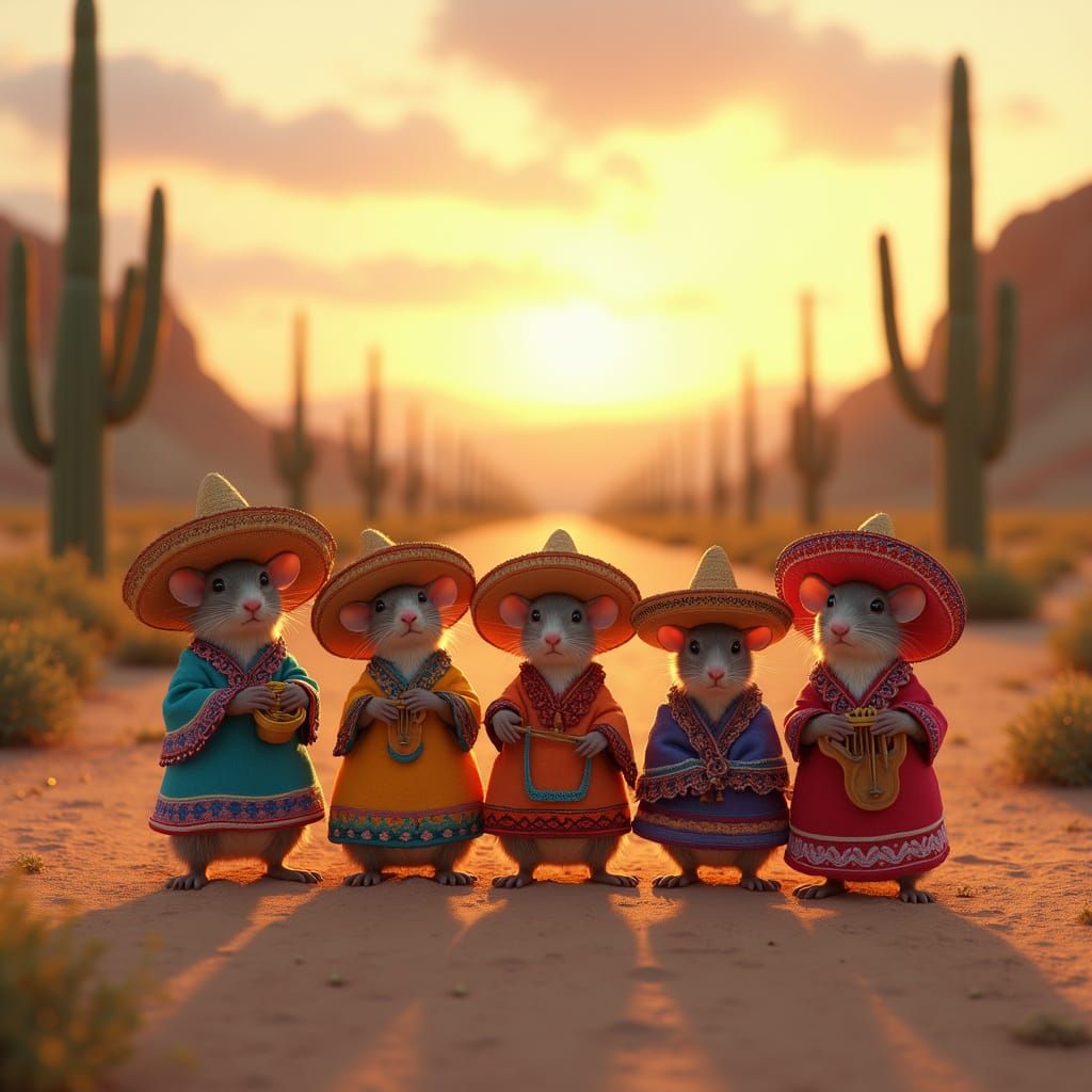 Anthropomorphic Rat Family Celebrates Guadalupe in Desert