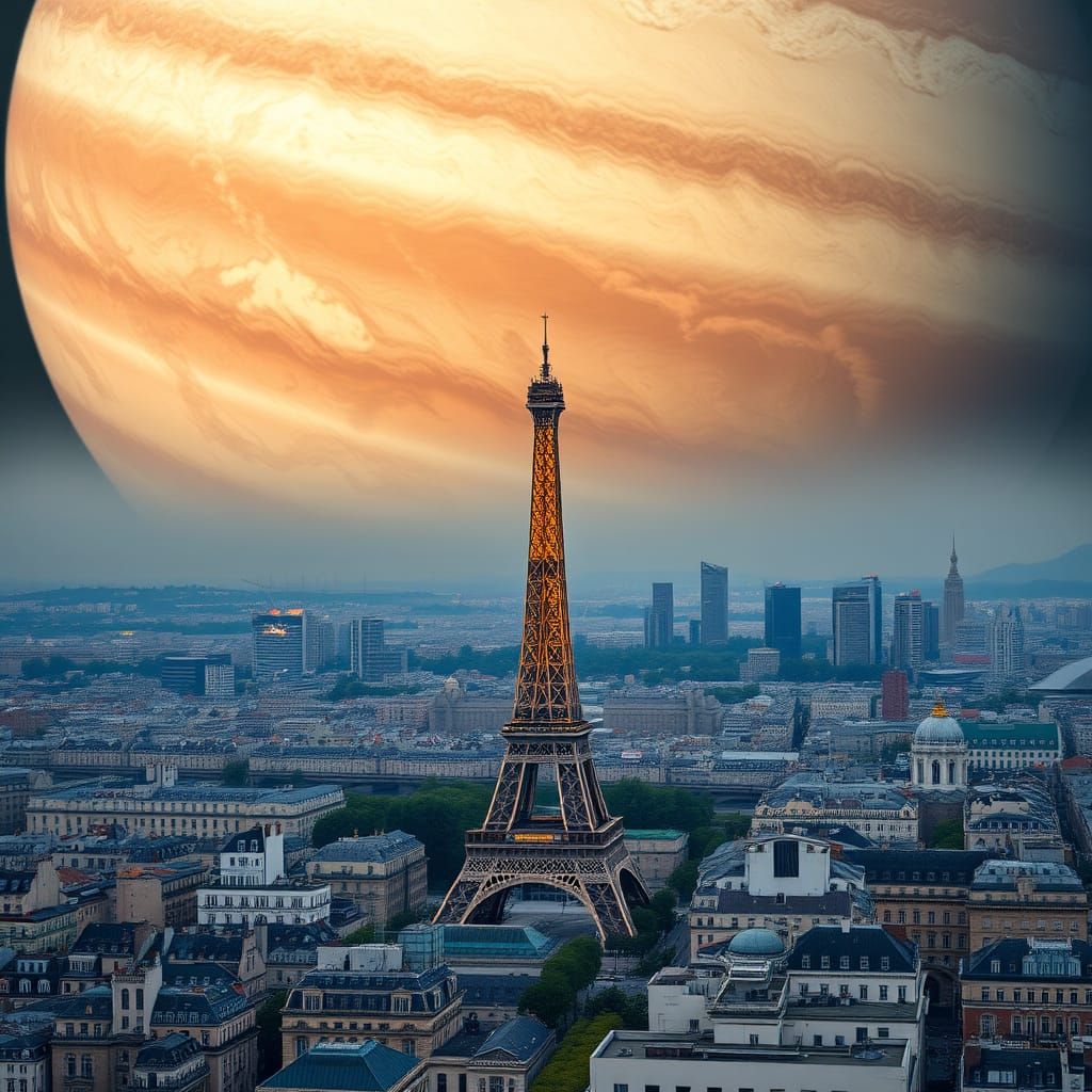 Eiffel Tower Amidst Jupiter's Stormy Skies