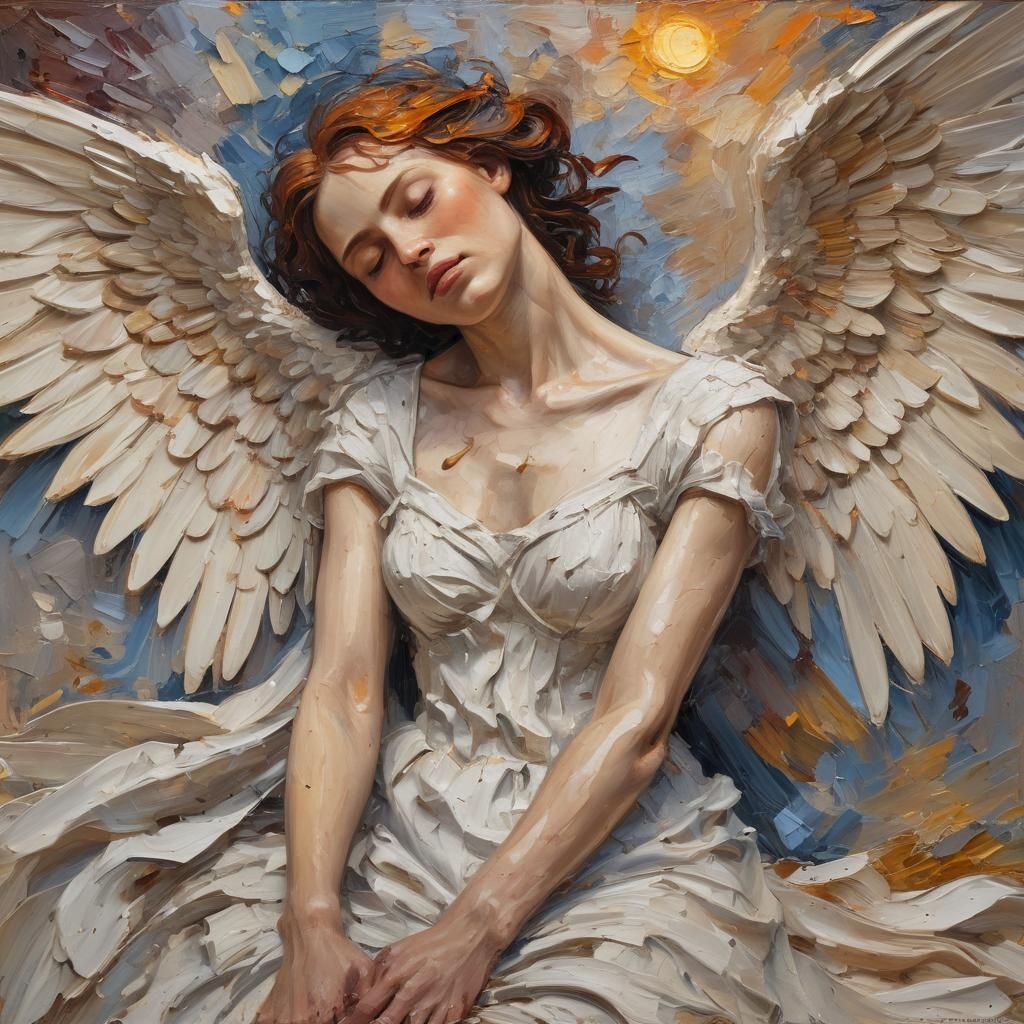 Fallen Angel Weeping in Expressionist Oil Painting