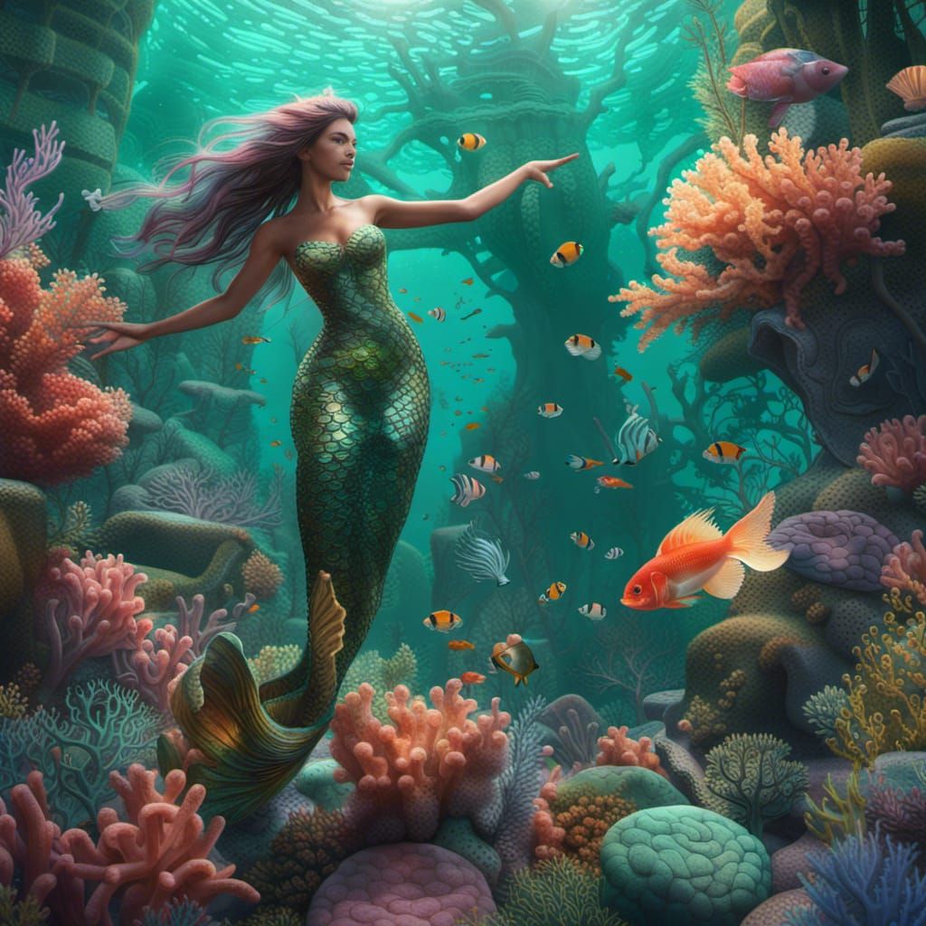 Iridescent Mermaid in a Coral Reef Fantasy