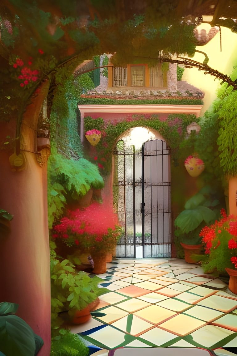 Spanish Garden Veranda in Hyperdetailed Digital Illustration
