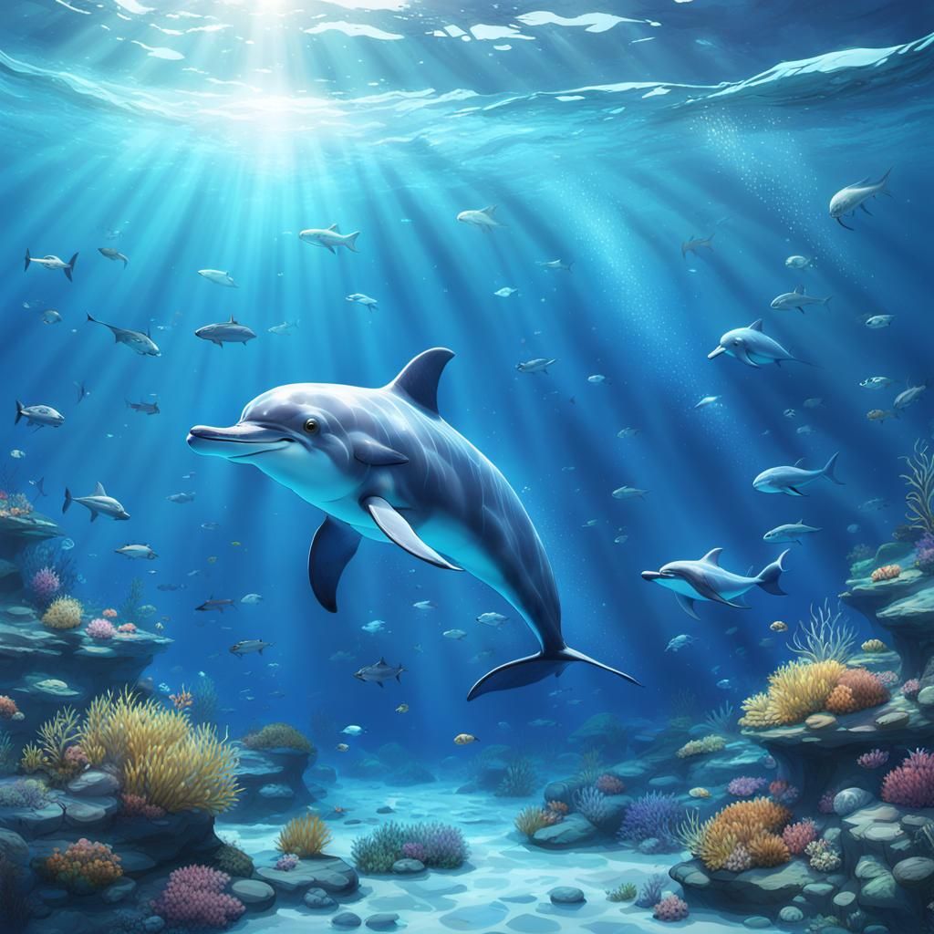 Blue Dolphin Swimming Underwater in Anime Style