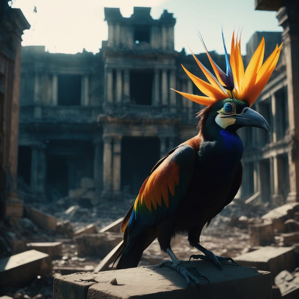 Epic Bird of Paradise in Post-Apocalyptic Ruins