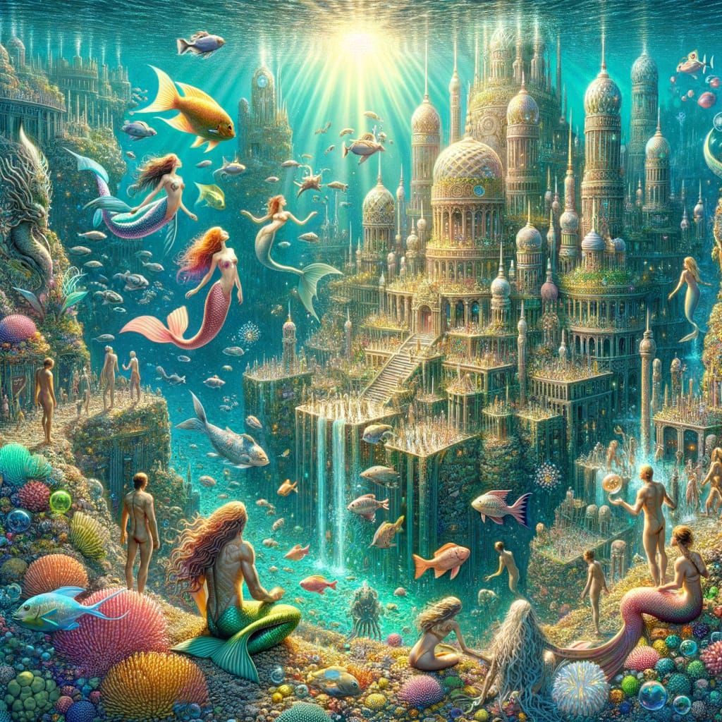 Underwater Coral City with Merfolk and Glowing Crystals