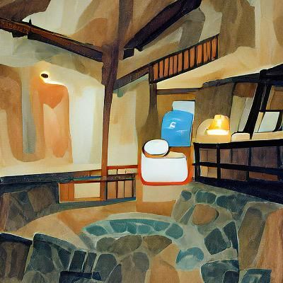 Minimalist Gouache Painting of Onsen Interior