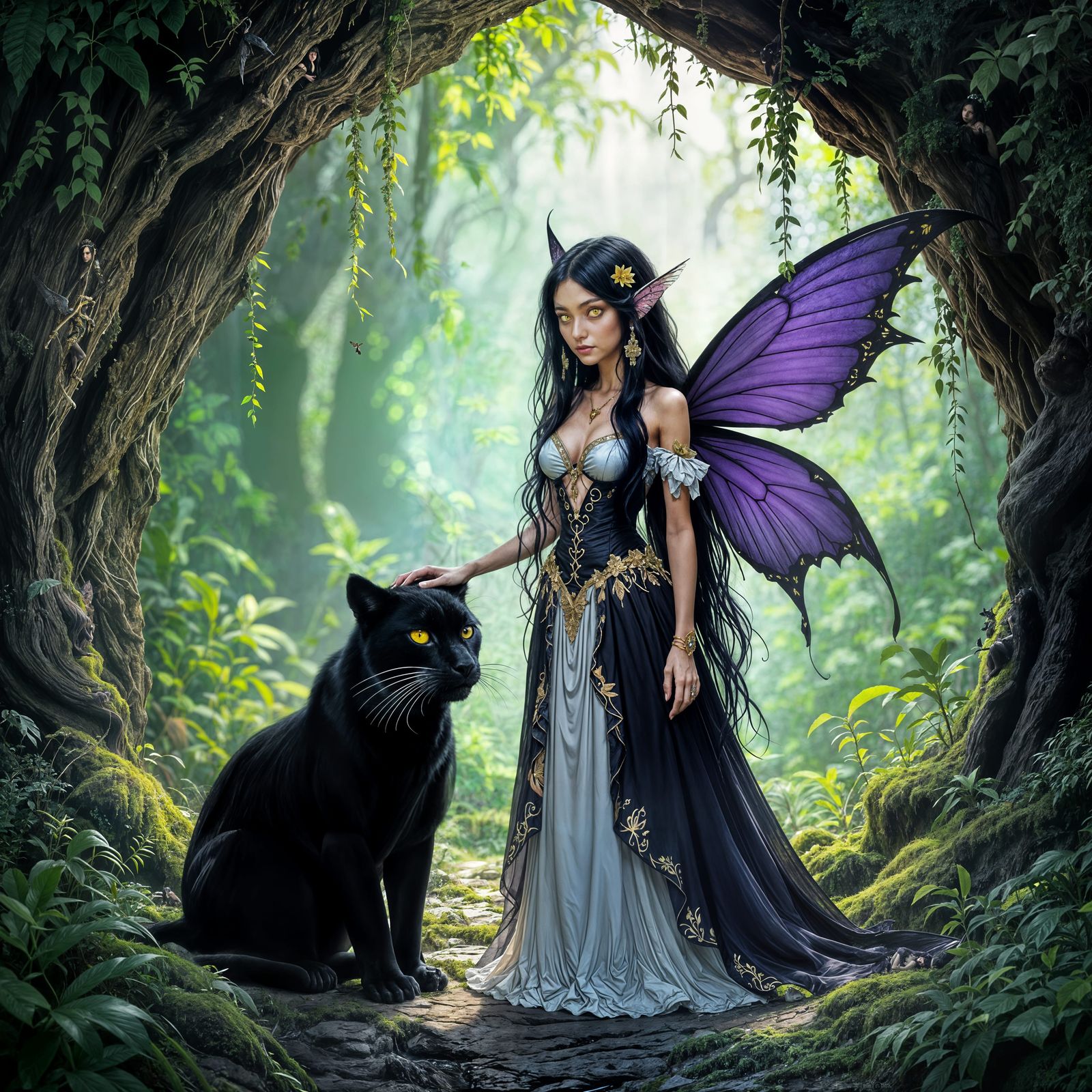 Fairy with Cat Eyes and Panther Pet in Jungle Cave