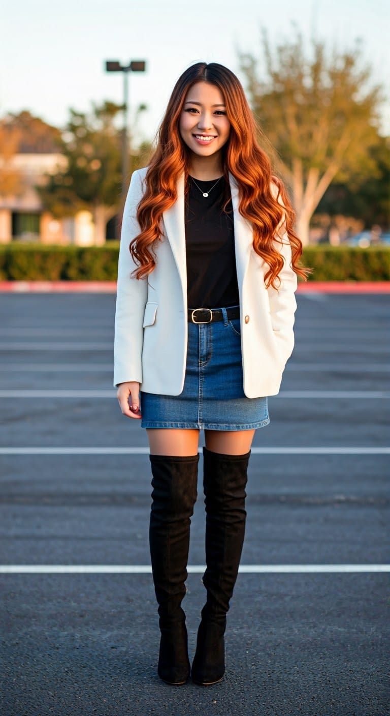 Asian-American woman in semi-casual wear and thigh-high boot...