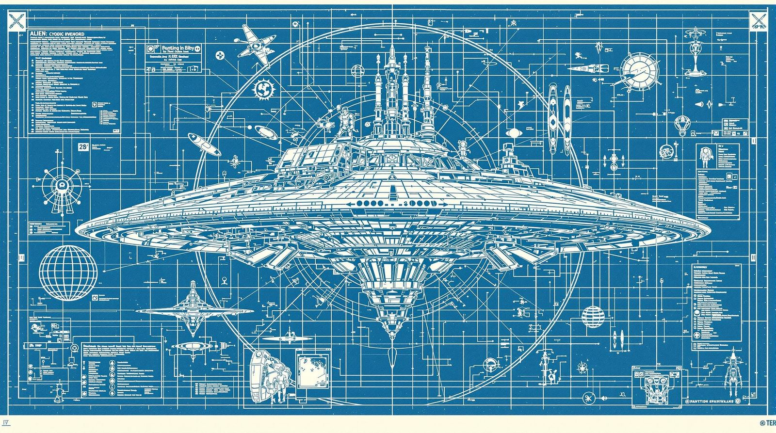 Alien UFO Blueprint Comic Book Cover Art